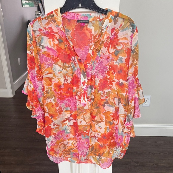 Vince Camuto Tops - Vince Camuto Orange & Pink Floral Ruffled  V-Neck Blouse Small